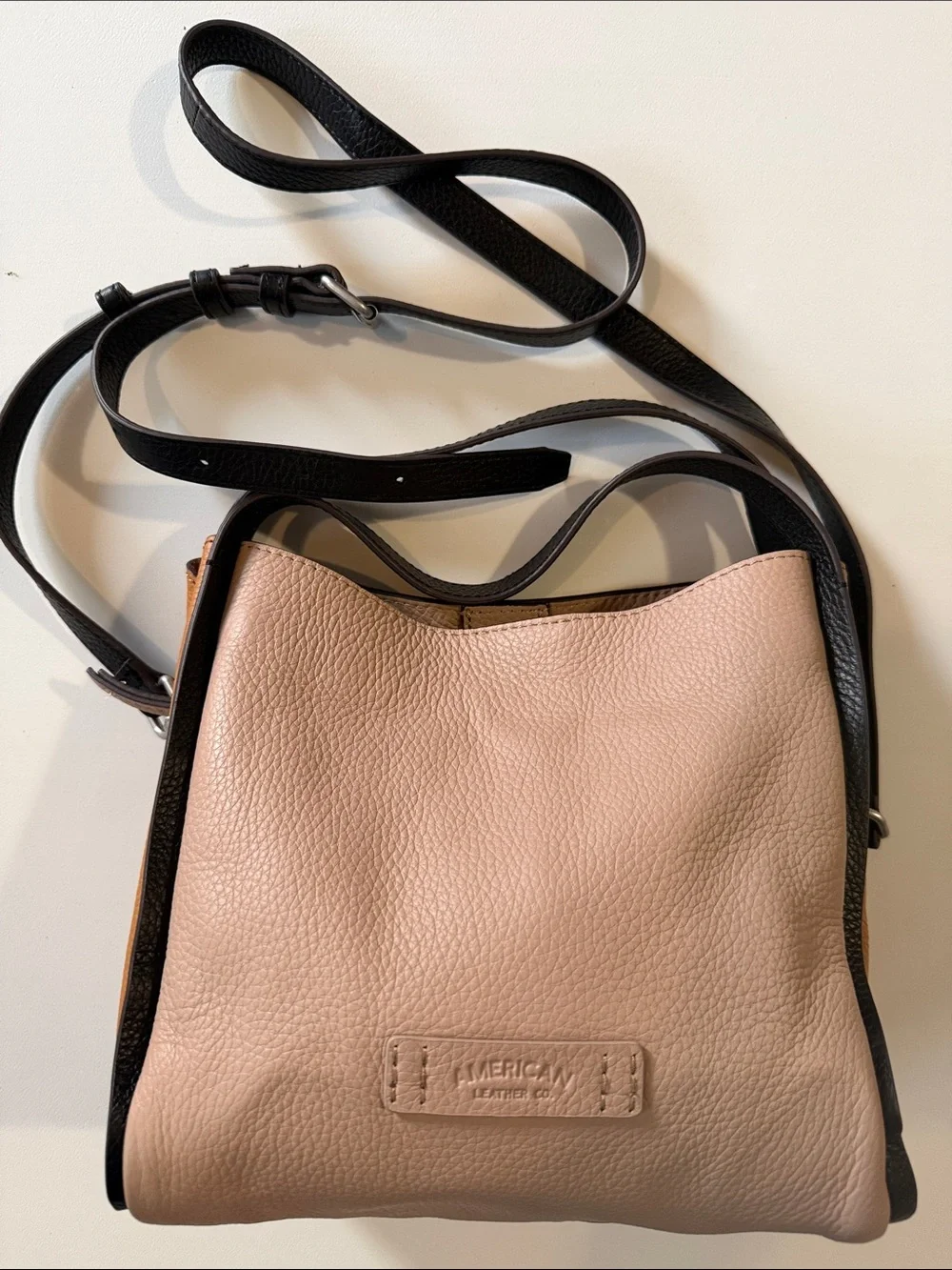 American Leather Co. Blush Pink Pebbled Crossbody with Black Strap